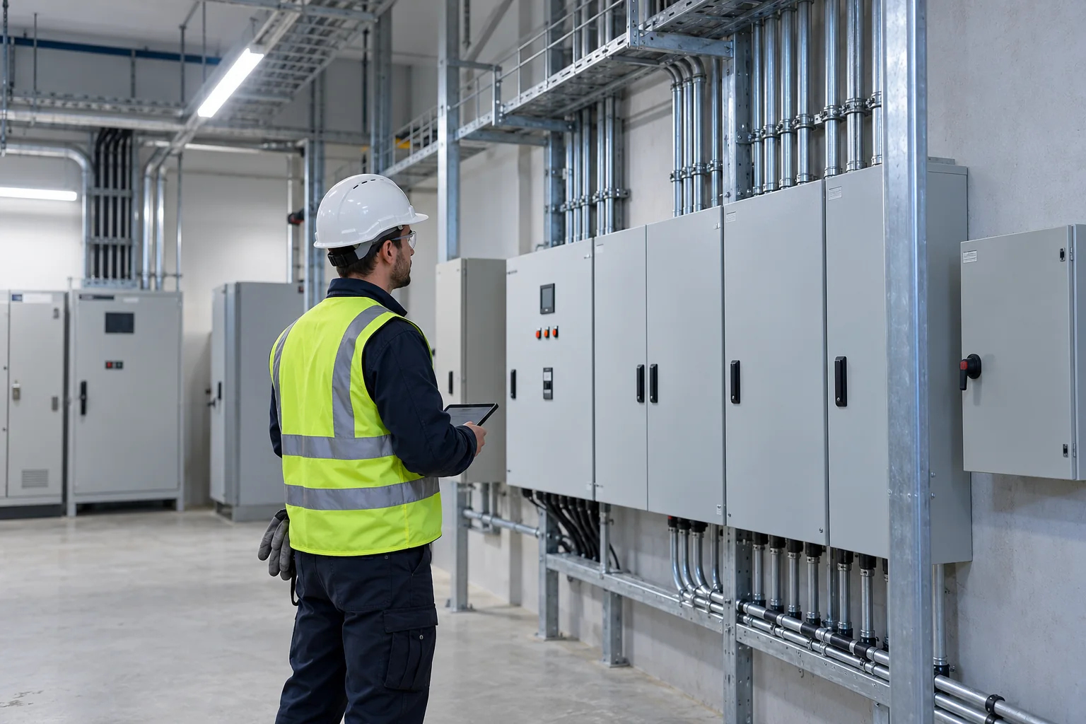 Escena ilustrativa de inspección de tableros eléctricos en un edificio