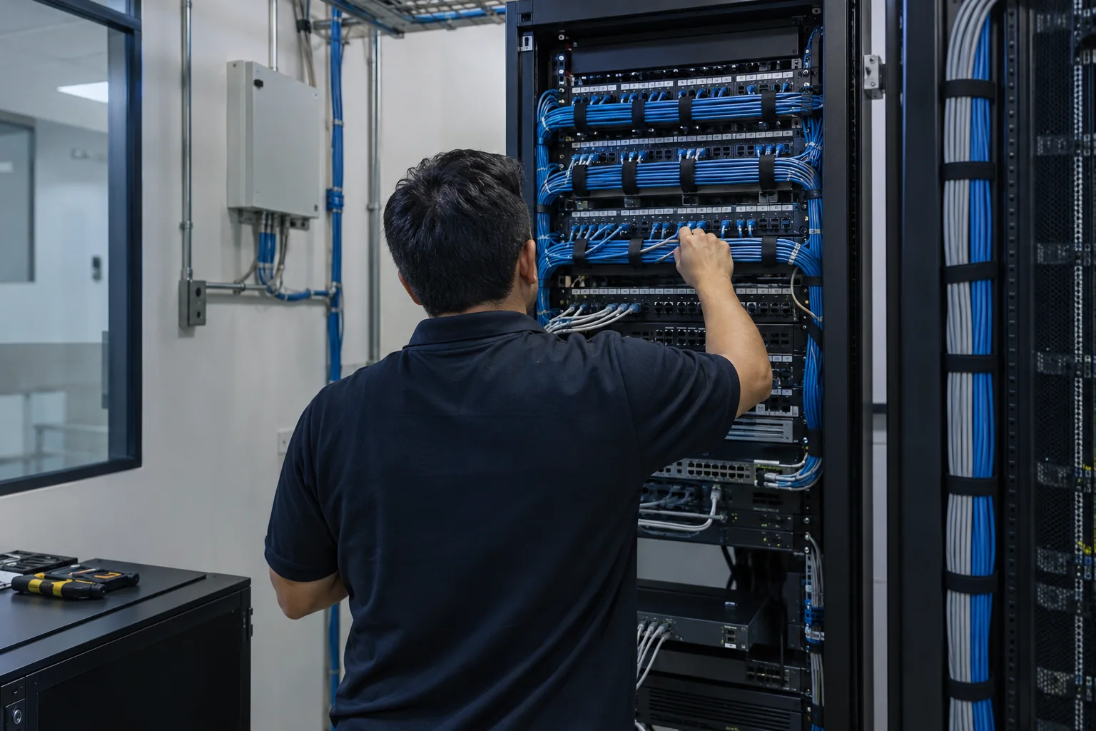 Escena ilustrativa de instalación de cableado estructurado en una oficina
